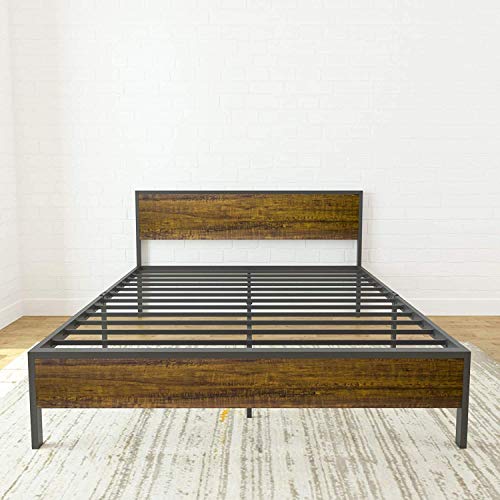 Weehom Queen Size Bed Frame With Wood Headboard Solid Wood Beds For Adults Strong Metal Slats Support Beds No Box Spring Needed Lock Design Brown #TOP4