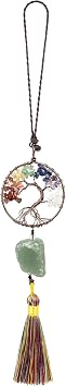 7 Chakra Crystal Tree of Life with Raw Stone Tassel Pendant Hanging Decorations for Wall Art Windows Car Rear View Mirrors Ornament, Green Aventurine