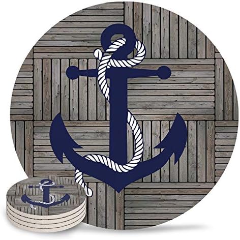 Ceramic Coasters Set of 4, Vintage Retro Nautical Anchor Navy Absorbent Stone Drink Coaster with Non-slip Cork Back and No Holder for Cups