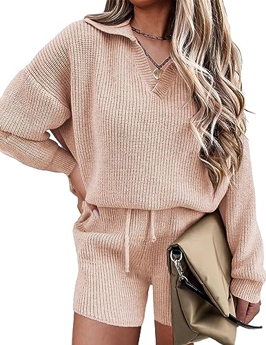 Ekouaer Women's Pajama Set 2 Piece Knit Set Casual Lounge Set V Neck Pj Set Pullover and Shorts Sweater Tan Color X-Large
