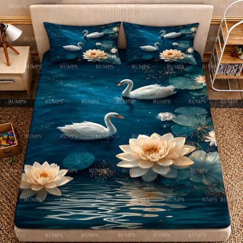 Image of RUMPS 3D Digital Printed Double Bedsheet Flat | Premium Knitted Cotton MicroFabric 90x100 Inch Bed Sheet with 2 Pillow Covers, Cute Cartoon Blue Bird (7D Blue Duck)