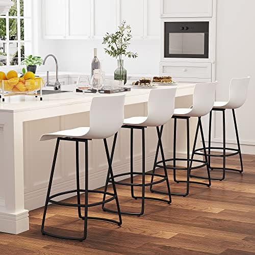 Bar Stools Set of 4 Counter Height Bar Stools Modern Swivel Bar Chairs with Back Plastic 26" Metal Counter Height stools Kitchen Dining Chairs Bar Funiture,White