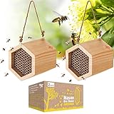 Mason Bee House 2 Pack, Outdoor Wooden Bee Houses with Cardboard Nesting Tubes, Wood Bee Hives for...
