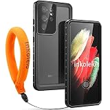 wasserdichte Hülle für Galaxy S21 Ultra Schutzhülle Ganzkörper Unterwasser Wasserdicht IP68 Wasserschutzhülle mit Schwimmender Schlüsselband für Samsung Galaxy S21 Ultra 6.8 inch (Mattschwarz/Orange)