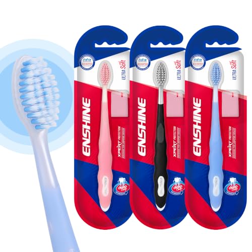 Image of Enshine Expert Protection Toothbrush for Adults - Pack of 3 | Double-Tapered Ultra Soft PBT Bristles | Premium Tooth Brush Set for Sensitive Gums | Deep Gum-Line Plaque Removal | Manual Toothbrush with Non-Slip Grip Multicolor
