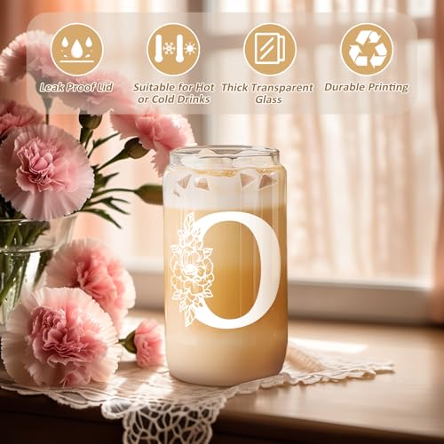 Image of Coolife Initial Glass Cup, Monogrammed Gifts for Women, 16 oz Tumbler w /Lid | Iced Coffee Smoothie Beer Tumbler w /Straw Lid - Personalized Christmas, Birthday Gifts for Woman Her Mom Friend