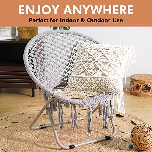 Pasamic Saucer Chair With Folding Metal Frame, 100% Cotton Handmade Cozy Chairs, Exquisite Moon Chair For Bedroom, Living Room Décor Grey #TOP4
