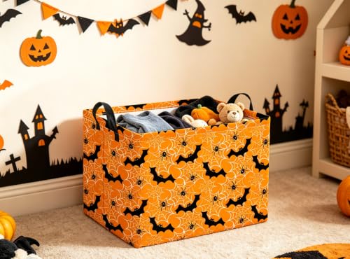 Image of Halloween Basket Cute Baskets for Kids Pumpkin Basket Rectangular Storage Bin Organizer Box Room Decor(Yellow Spider Web)