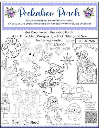 Image of Christmas Assorted Ready-to-Use Embroidery Design Transfers on Stick and Stitch Water Soluble Sewing Stabilizer Paper for Hand Embroidery Kit Thread Art Projects (Christmas)