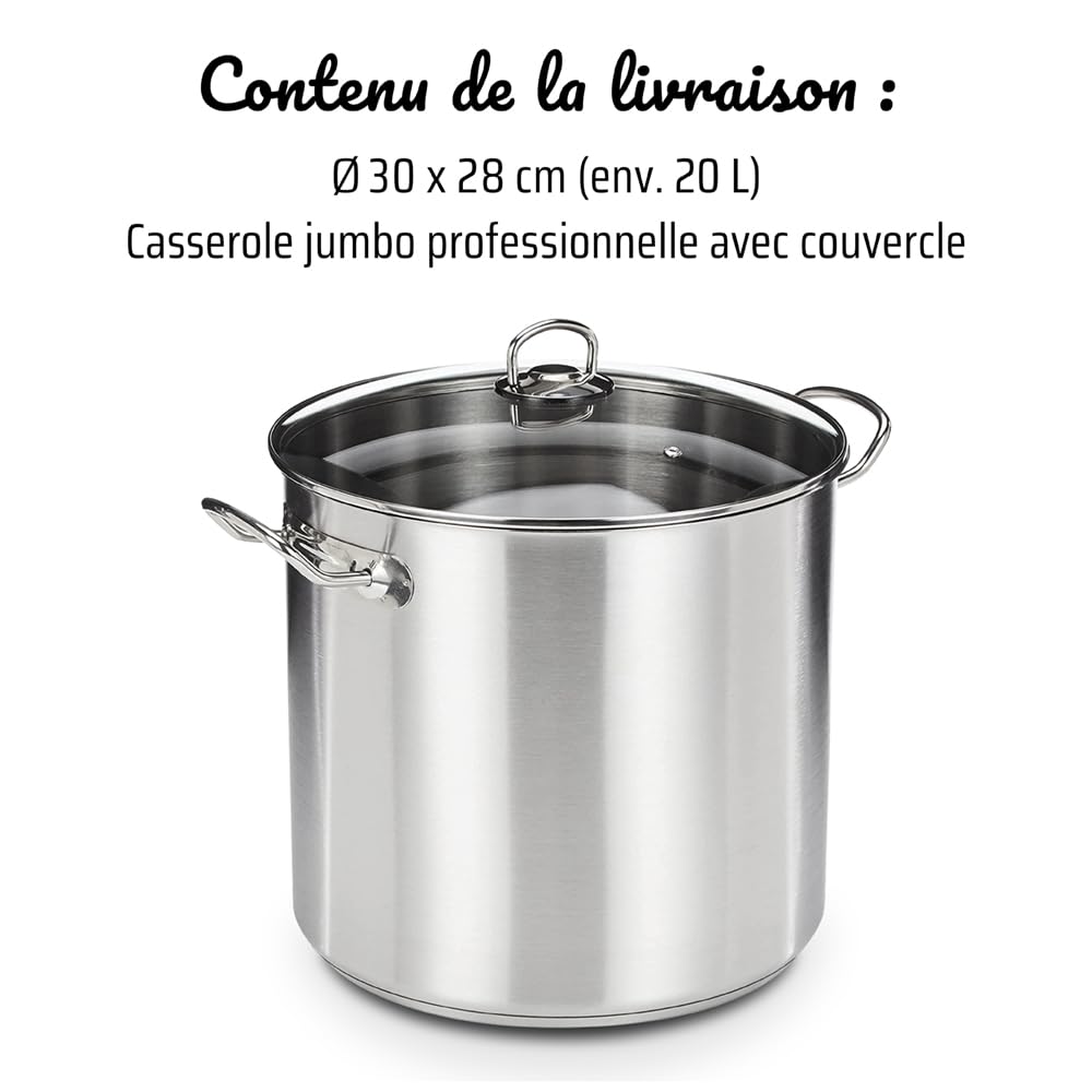 GSW Grande marmite professionnelle – grand pot XXL pour soupe, pâtes et ragoût, idéale pour les familles et la gastronomie – Acier inoxydable, 30 cm, 20 litres