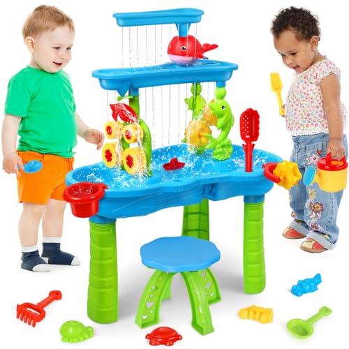Image of AOKESI Water Table for Toddlers 1-3,Outdoor Kids Water Play Table Rain Showers Splash Pond Sand, 3-Tier Sensory Activity Sand Table, Summer Beach Backyard Activities Water Toys for Toddlers Boys Girls