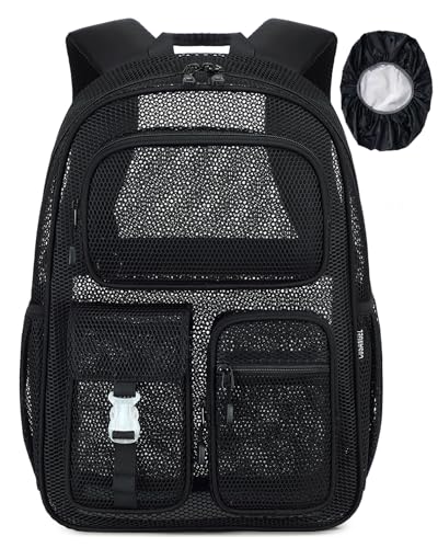 Image of Heavy Duty Mesh Backpack with Rain Cover For Stadium Event,16in Net Bookbag | Black See Through Net Backpack Semi-Transparent Large Lightweight Breathable for School Work Swimming Beach Fitness Sport