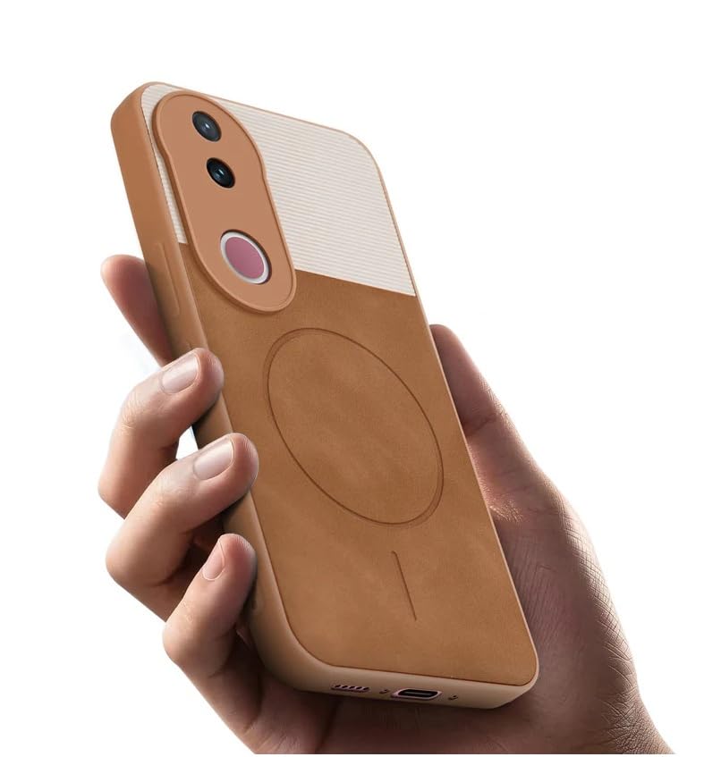 Image of Bintage CASE Mac Safe Design Hard Light Weight Back Case | Soft Border Camera Protect | Dual PU Leather Finish Back Cover Compatible for Vivo V50 5G /Vivo T4R 5G - White & Brown