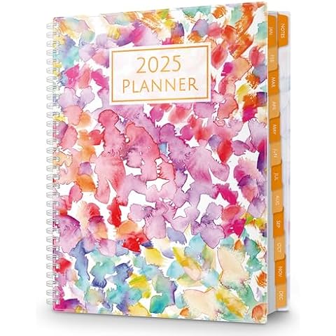 CRANBURY Large Planner Book 2025 (Watercolor), Desktop 8.5x11 Weekly Daily Planning Calendar Book with Laminated Monthly Tabs, Movable Bookmark, Stickers, Plastic Covers, Storage Pockets Cover