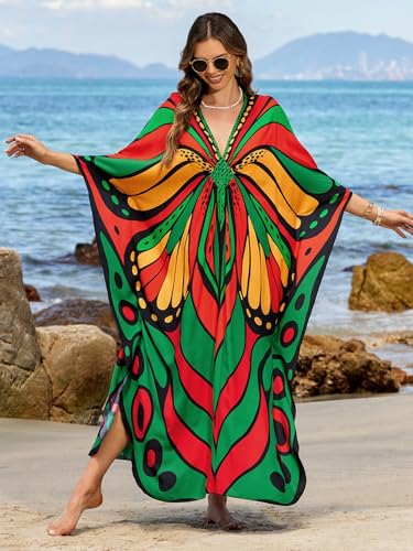 Image of IMAGEKOPE Women's Plus Size Animal Print V-Neck Batwing Kaftan Beach Dress Bathing Suit Cover-Up Loungewear