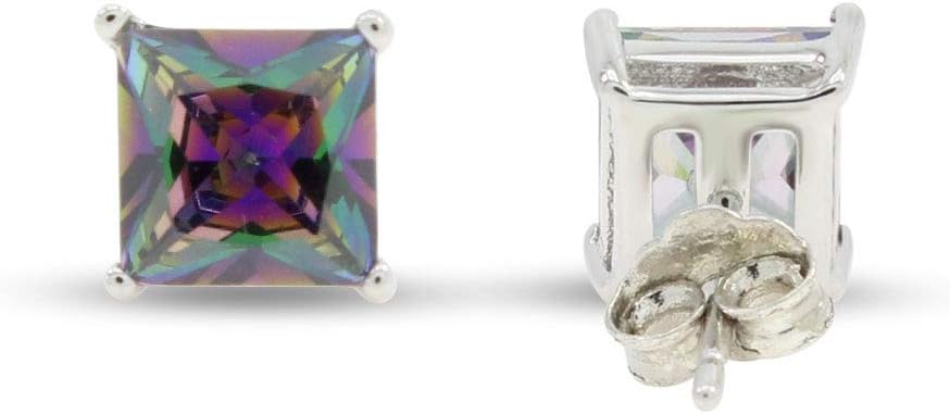 Mystic Topaz Stud Earrings for Women, Multi-Shape Round, Oval & Princess Cut 6–7mm Lab-Created Rainbow Fire Topaz in 925 Sterling Silver with Push Back