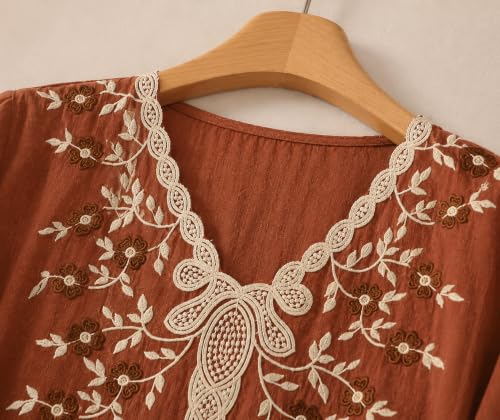 Image of RIEKA Womens Embroidered Korean Style Tunic Top, Floral Thread Work | V Neck | Puff Sleeves | Relaxed Fit Casual | Fusion Rayon Top for Every Day Styling