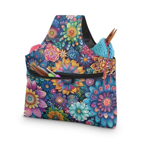 Image of ZUXONGSYBoho Colorful Floral Yarn Bag with Holes for Crochet Lightweight Yarn Storage Bag Organizer Portable Knitting Handbags and Totes Knitting Accessories
