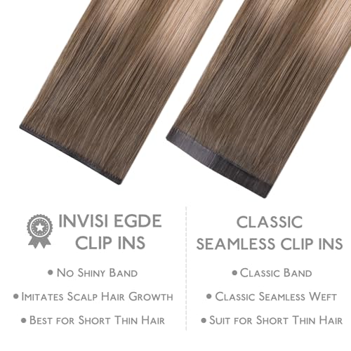 Image of WENNALIFE Invisi Edge Clip in Hair Extensions Real Human Hair, 16 Inch 130g 7pcs Balayage Sandy Brown to Platinum Blonde Seamless Clip in Extensions Remy Hair Clip Ins Invisible PU Skin Weft Straight,