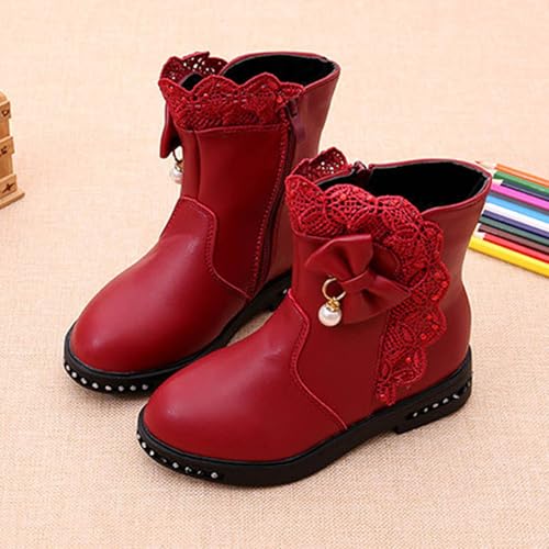 Girls Winter Boots Kids Side Zipper Princess Dress Boots Pearl Bowknot Lace Warm Walking Shoes Fleece Lined Boots4