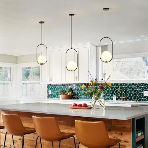Image of Modern Black Pendant Light, Bedside Matte Pendant Lights with White Glass Shade, Large Globe Ceiling Light for Kitchen Island Bedroom