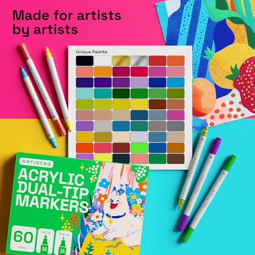 Image of ARTISTRO 60 Acrylic Paint Markers for Rock, Fabric, Wood, Glass, Eggs - Dual-Tip Paint Pens for Coloring Books for Adults, Teens, Kids - Art & Craft Supplies - Gift Idea - Easter Basket Stuffers