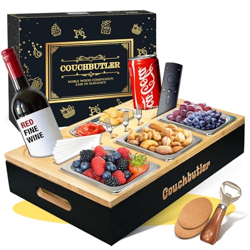 Couchbar Snackbox Couch Bar Snackbar mit Geschenkbox Sofa Tablett mit 3 Snackschalen Sofatablett Snackbox mit Flaschenöffner Snackbar Couch mit Abnehmbarer für Sofa Bett Camping (Schwarz A)