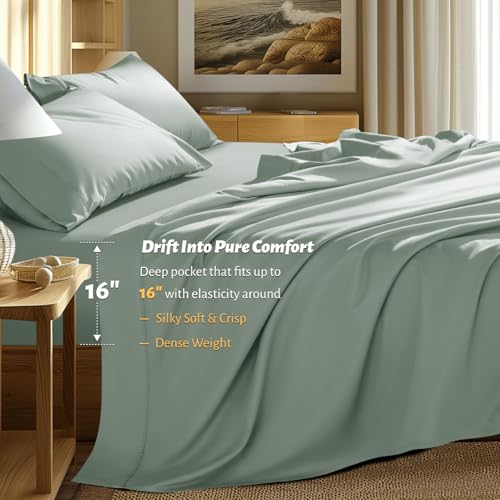 Shilucheng 100% Egyptian Cotton King Size Sheets Set - 1000 Thread Count,Luxury Cotton Bed Sheets,Breathable & Cooling Bedding and Pillow Cases, 16 Inch Deep Pocket - 4 Piece (Sea Glass, King)