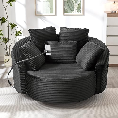ERYE 360° Swivel Accent Barrel Chair Round Sofa Chaise with 5 Pillows and Adjustable Phone Holder, Modern Round Lazy Armchair for Living Room, Bedroom, Office and Hotel