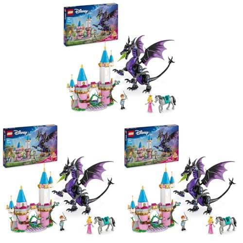 LEGO | Princesas Disney Maléfica en Forma de Dragón de Juguete de Construcción, Regalo para Niñas y Niños de 7 Años o Más Fans de La Bella Durmiente con Mini Muñeca de Aurora 43240 (Paquete de 3)