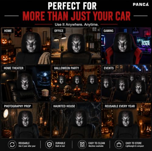 Image of PANCA 2 Pack Scary Car Headrest Covers, Upgraded Snug Fit Universal Headrest Cover, Breathable Polyester Ghost Face Seat Protector for Halloween Car Interior Decoration, Vehicle Accessories