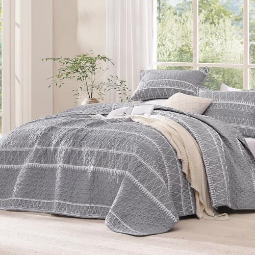 Andency King Size Quilt Set Grey, 3 Pieces Boho Lightweight Soft Striped Bedspread for All Season...