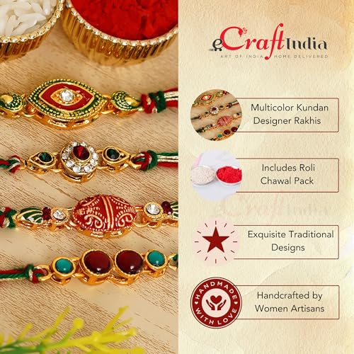 Image of eCraftIndia Set of 4 Multicolor Kundan Designer Rakhis, Best Bro Ever Fridge Magnet with Roli Chawal Pack - Rakhi for Brother, Bhaiya, Bhai