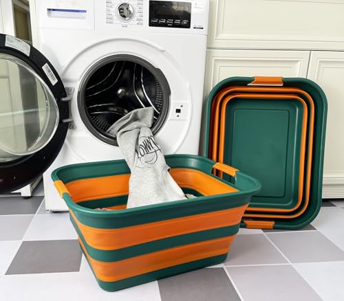 Image of SAMMART Collapsible Plastic Laundry Basket with Handle /Foldable Pop Up Storage Hamper /Portable Laundry Organizer-Space Saving Washing Tub /Household Storage (Teal Green /Autumn leaf, 42L (Set of 2))