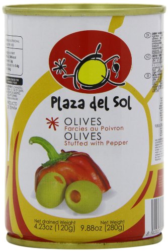 Plaza Del Sol Aceitunas verdes rellenas de pimienta 280 g (paquete de 6)