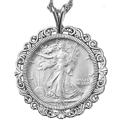US 1941 Walking Liberty Half Dollar 90% Silver AU Coin Solid 925 Sterling Silver Necklace w. 20