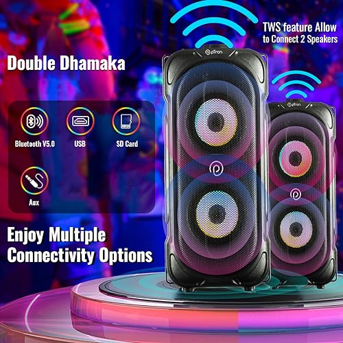 Image of pTron Fusion Party V2 40W Bluetooth Speaker w / 3m Wired Karaoke Mic, Immersive Sound, 6Hrs Playtime, RGB Light, TWS Mode, Party Speaker w /Bluetooth V5.0, Aux Port, USB & SD Card Playback (Coal Black)