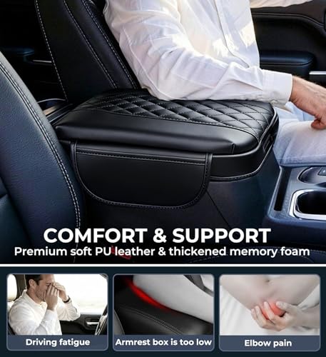 Image of Center Console Cover for Chevrolet Silverado & GMC Sierra 2019-2026, Tahoe & Suburban & Yukon 2021-2026, Fits Bucket Seat Only, 1.2-Inch Thick PU Leather Armrest Protector with 2 Side Pockets