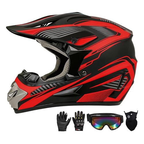 Motocross Helmet,Youth Adult ATV Dirt Bike Motorcycle Helmet,BMX 4-Wheeler Off-Road Mountain Bike Helmet,DOT Certified,W-Gloves Goggles Mask 4-Piece Set Red, Large