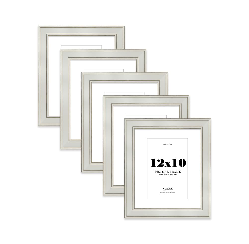 12x10" Light Grey Picture Frame with 9x6" Mount - Shabby Chic Photo Frame with Distressed Finish, Gold Trim, Wall Hooks and Kickstand, 37mm Edge - 5 Pack
