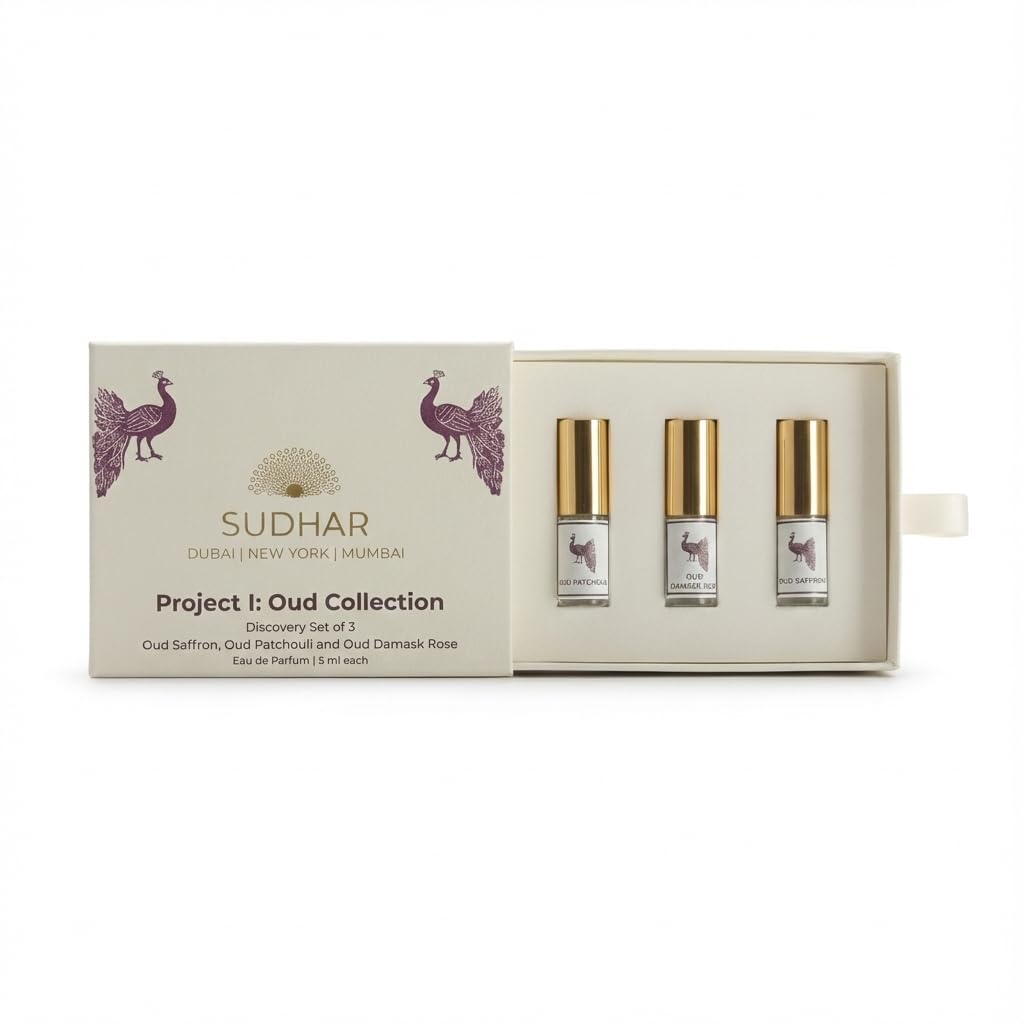 Sudhar Oud Discovery Set - Luxury Eau de Parfum Sampler | Oud Damask Rose, Pathcouli, Saffron | Unisex Long Last Scents | Made in Dubai | Discovery & Gift Set