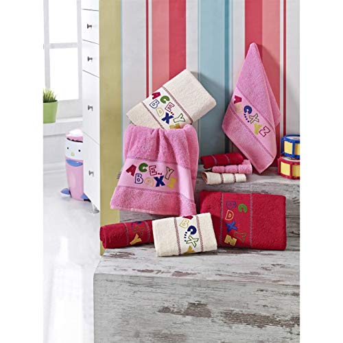 Lucia Minelli Kid's Alphabet Embroidered Turkish Cotton Bathroom Towel Set - Quick Dry and Plush Bath Towels (Set of 6) White/Pink Trim