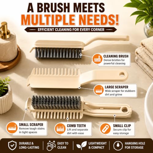 Image of 5-in-1 Multi-Purpose Crevice Cleaning Brush with Built-in Scraper, Comb & Tweezer | Hard Bristle Deep Cleaning Brush for Bathroom Kitchen Sink, Stove Tile Grout Corners Window Tracks & Narrow Gaps
