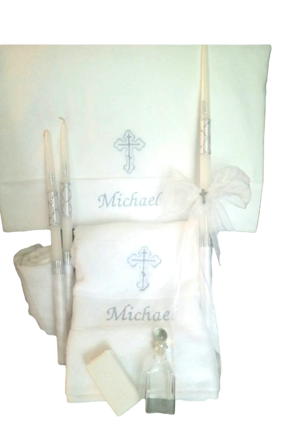 Personalized Baptism Towels, Candles and Oil Sheet for Greek Orthodox Baptism, Bath Towel, Embroidered, Soap and Oil Bottle COMPLETE SET