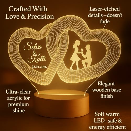 Image of Anniversary Personalized Infinity Heart LED Lamp for Couples | 3D Illusion Custom Night Light for Wedding Marriage & Engagement | Warm White Acrylic Lamp for Wife Romantic Gifts
