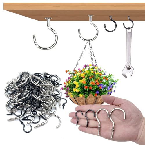 MUWINC 4 Tamaños Pesada Ganchos para Colgar de Tornillo Techo - 60 Alcayatas Pared,Colgador Tazas, para Jardín,Garaje,Cocina(Plata+Negro)