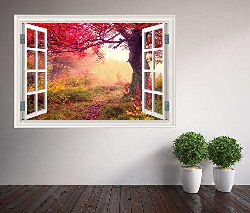 Beautiful colour saturated acacia tree autumn window wall sticker (31677696ww) (30cm x 20cm)