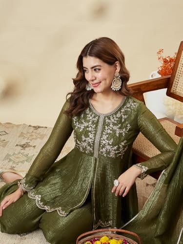 Image of MOKOSH Women's Silk Embroidered Peplum Kurta Sharara with Dupatta | Kurta Set | Ethnic Wear |Round Neck Full Sleeve Kurta | 3 Piece Outfit |Embroidered