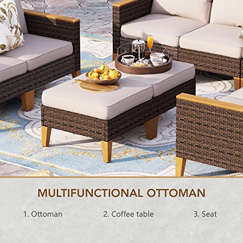 Sophia & William Large Half-Moon Outdoor Patio Furniture Set 8 Piece High Back Wicker Rattan Patio Sectional Furniture Sofa Set Fan-Shaped Conversation Set With Ottomans & 4" Thick Cushions, Beige #TOP6