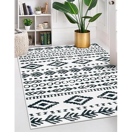Lahome Bohemian Moroccan Area Rugs 5x7,Washable White Black Entryway Rug Non-Slip,Low-Pile Soft Tribal Geometric Carpet for Living Room Indoor Entry Office Bedside (5x7ft) White/Black 5x7